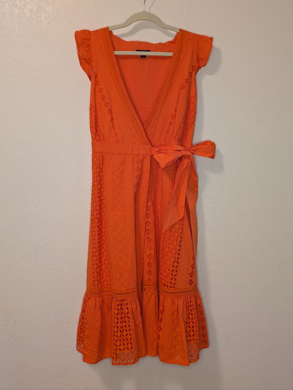 J. Crew Orange Eyelet Wrap Midi Dress with Waist Tie - Picture 6 of 12